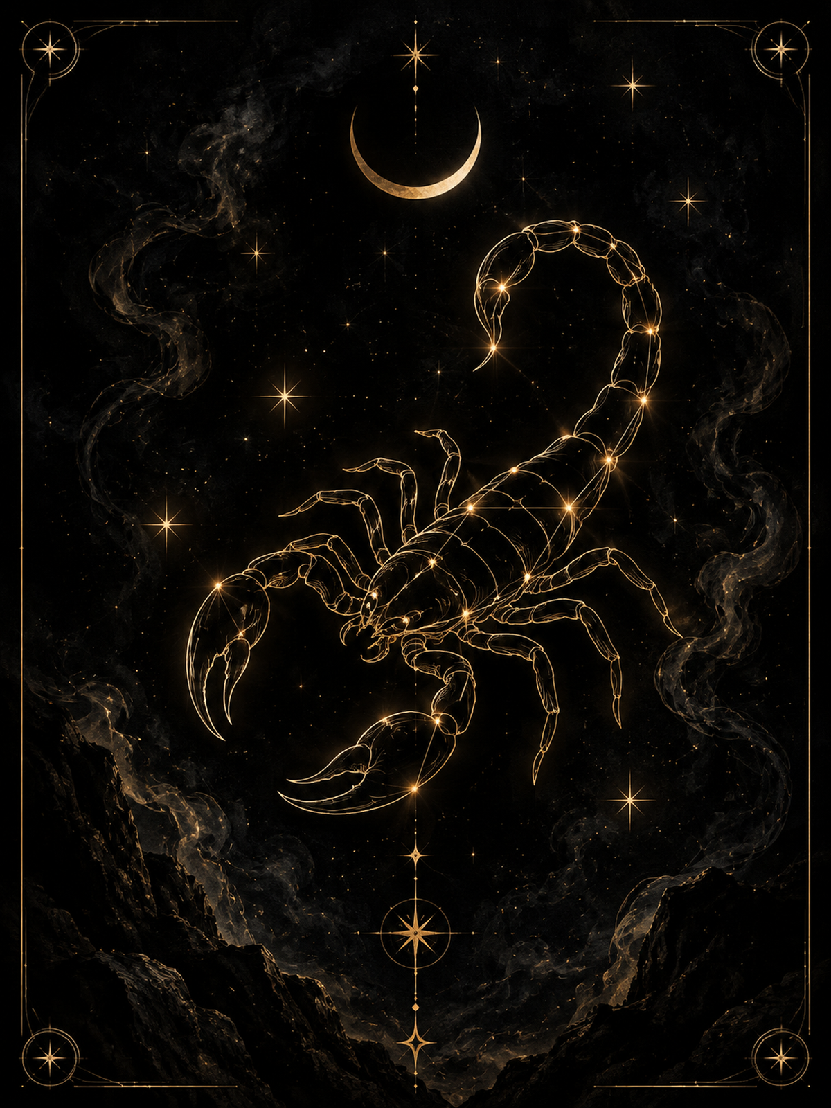 Gold line-art scorpion constellation with a crescent moon on a black starry background - dark Halloween zodiac artwork