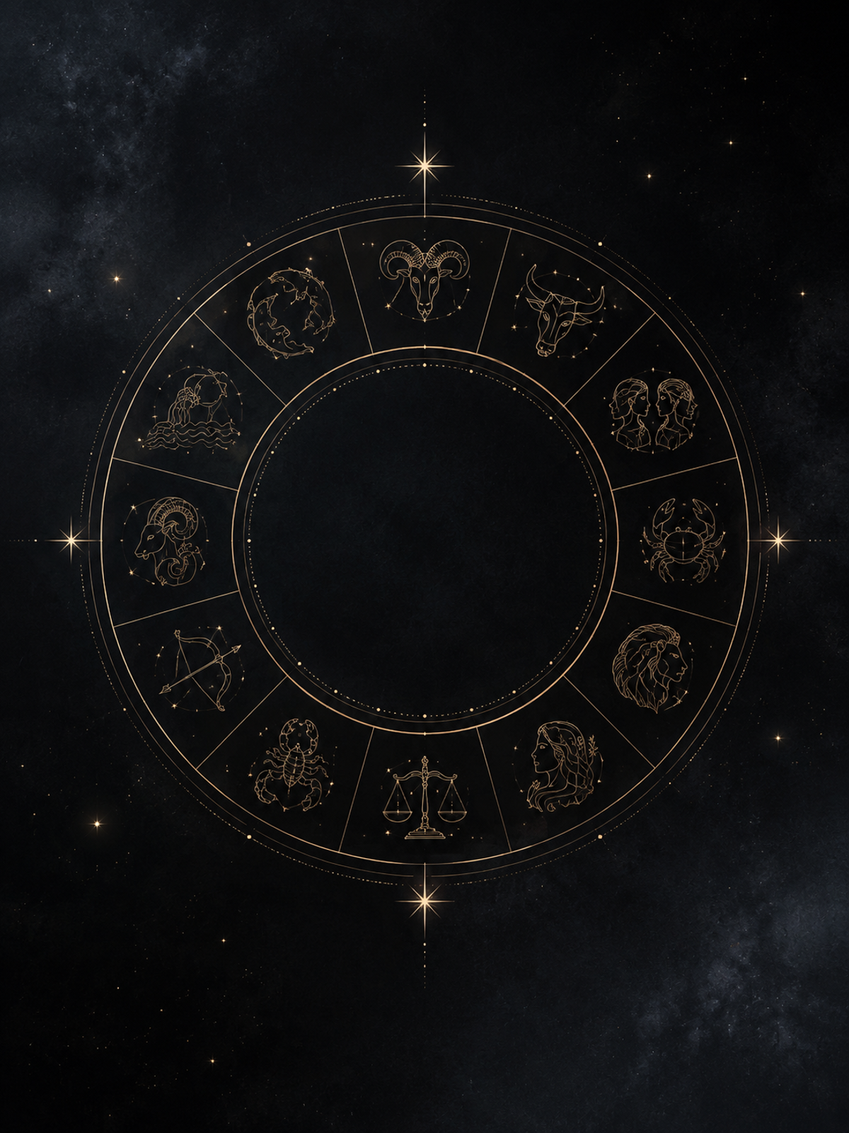 Gold zodiac wheel with twelve constellation line-art signs on a black starry background