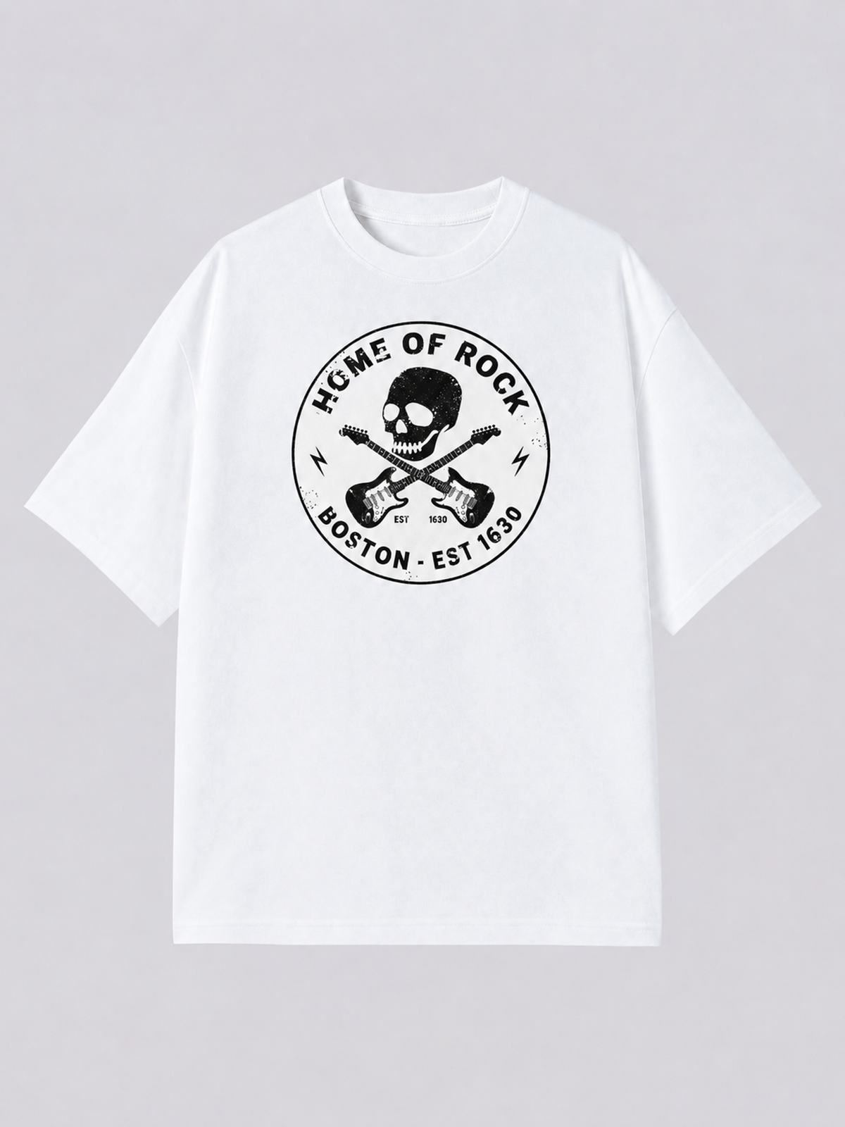 "Boston Badge Rock" Graphic Tee — white colorway mockup, same print