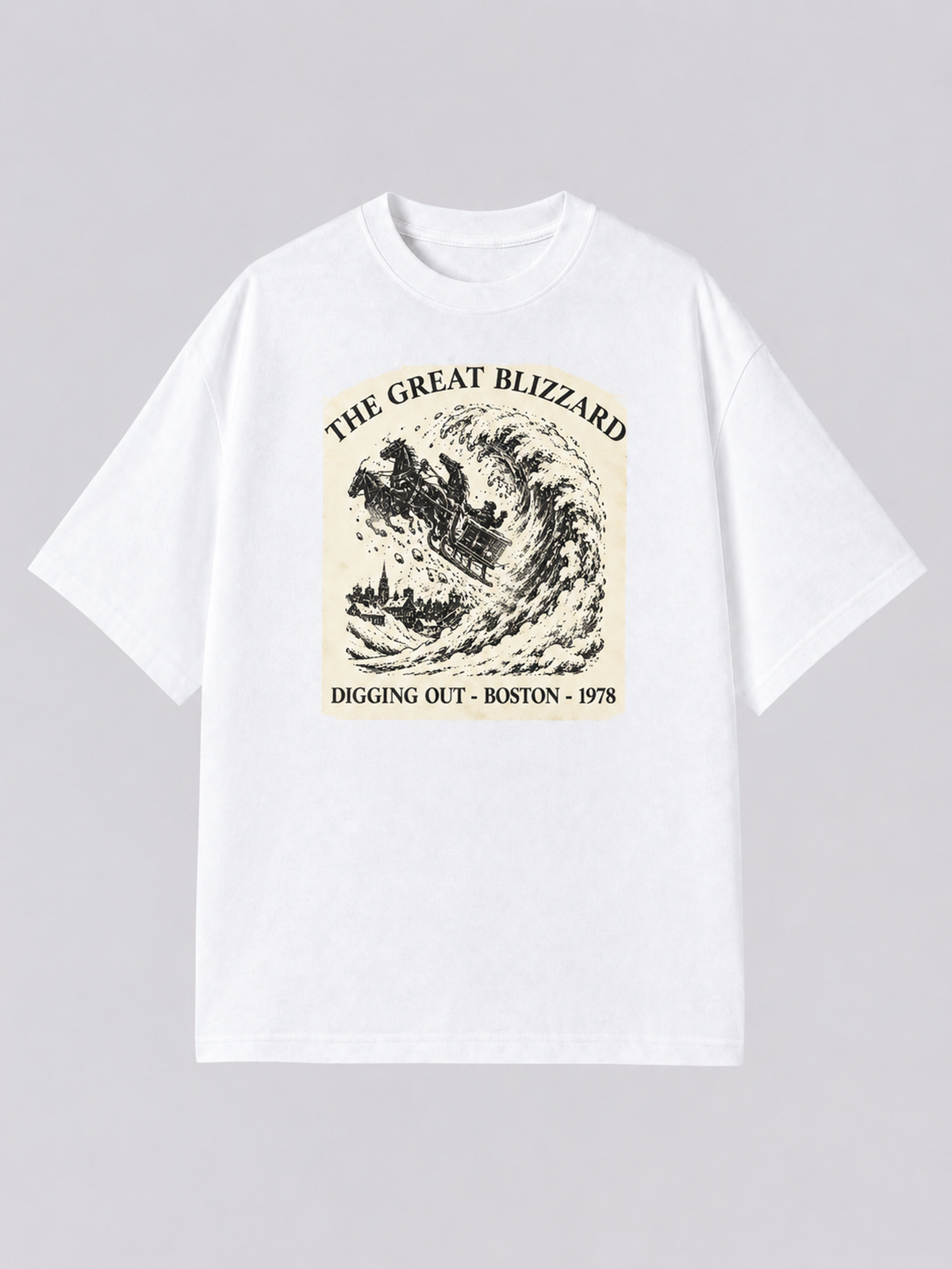 "Boston Great Blizzard" Graphic Tee — white colorway mockup, same print