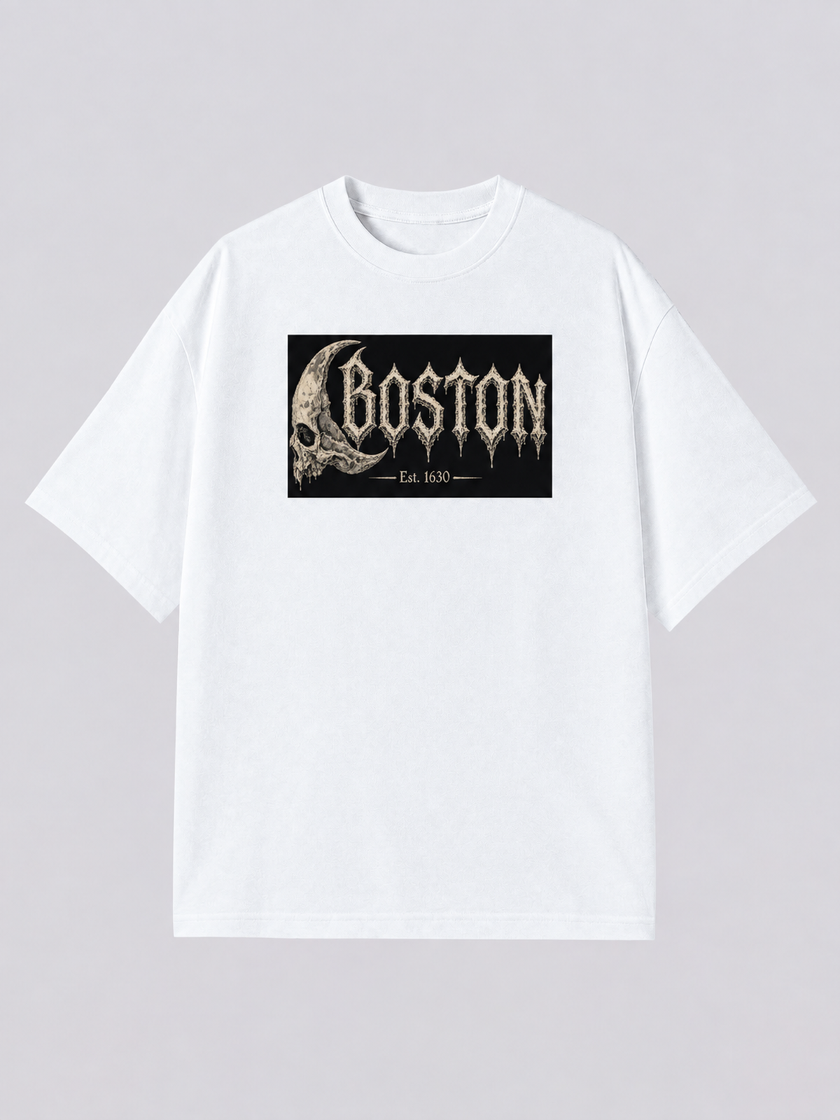 "Boston Blackletter Metal" Graphic Tee — white colorway mockup, same print