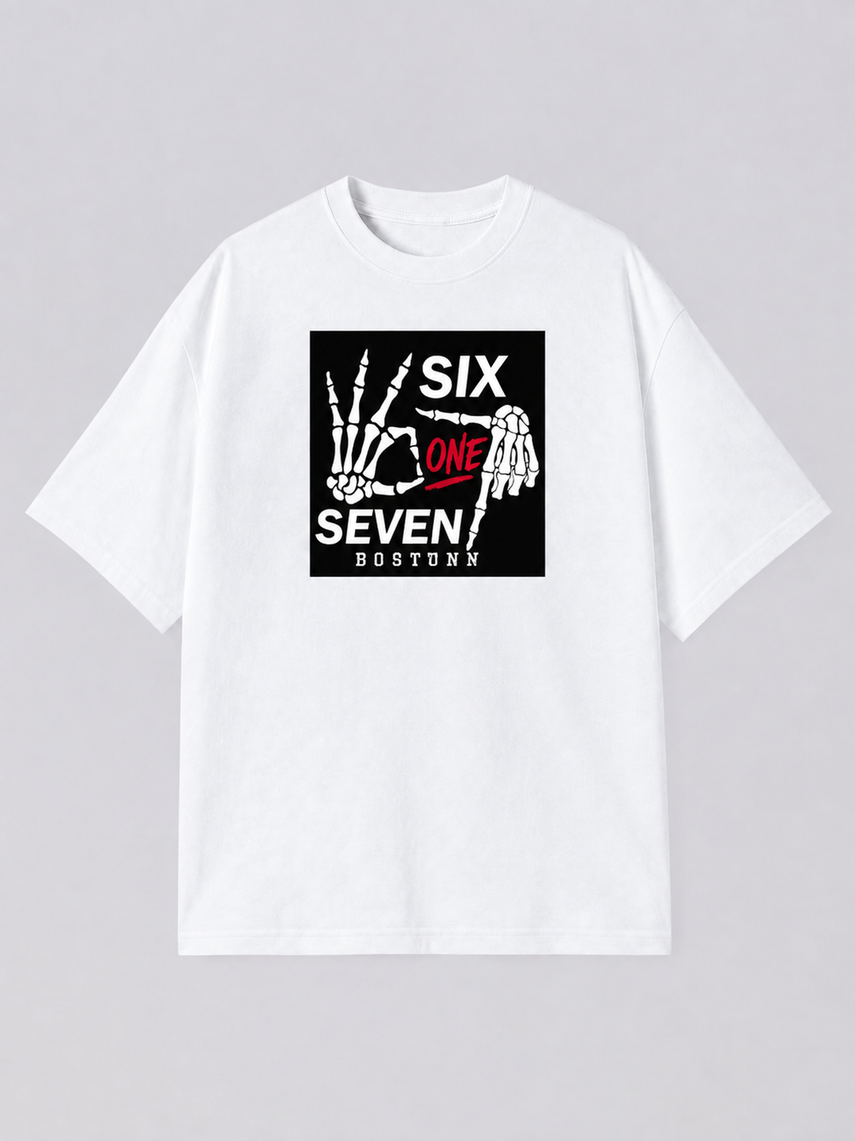 "Six One Seven Boston Skeleton" Graphic Tee — white colorway mockup, same print