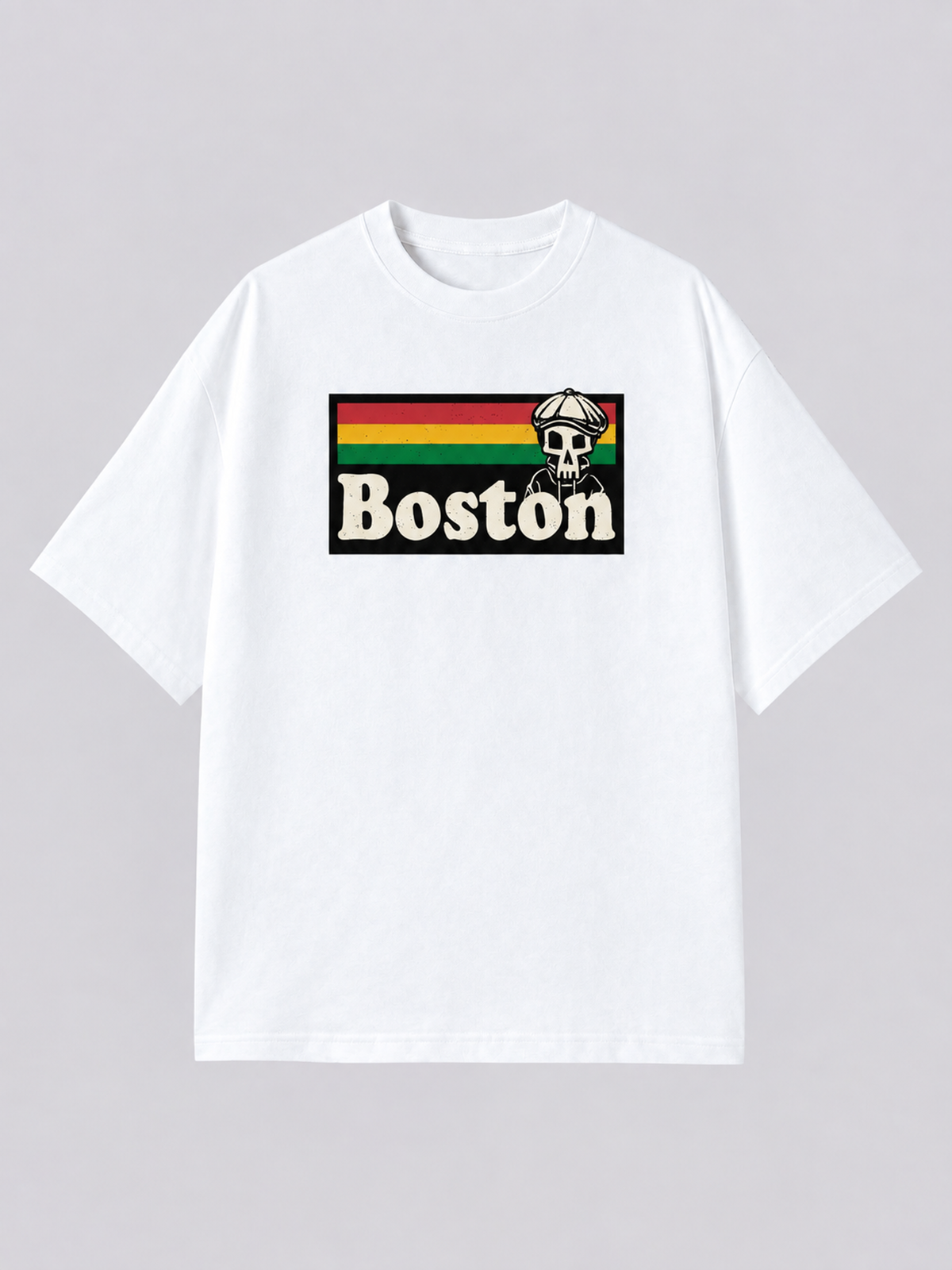 "Boston Cap Skull" Graphic Tee — white colorway mockup, same print