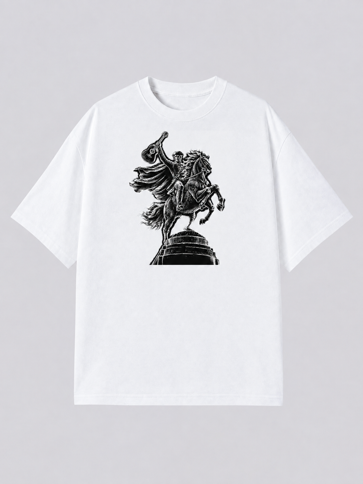 "Cape Statue" Graphic Tee — white colorway mockup, same print