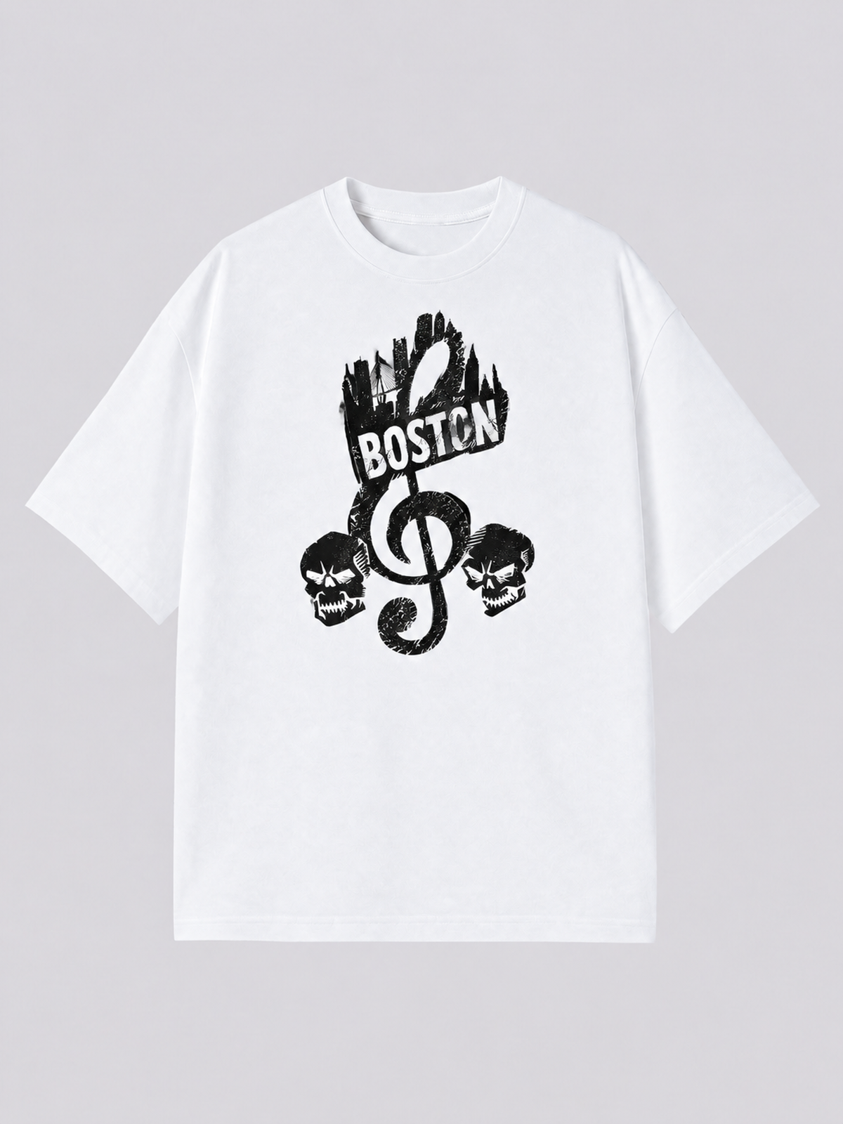 "Boston Music Clef" Graphic Tee — white colorway mockup, same print