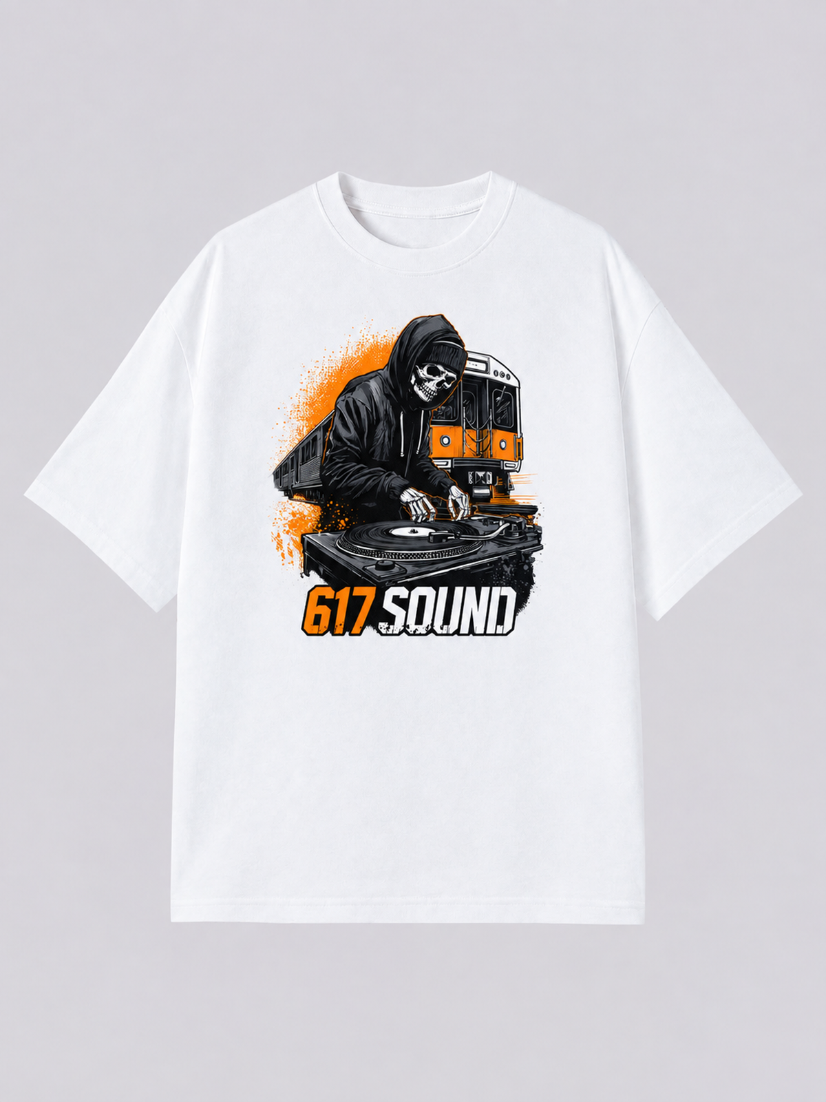 "617 Sound Color DJ" Graphic Tee — white colorway mockup, same print