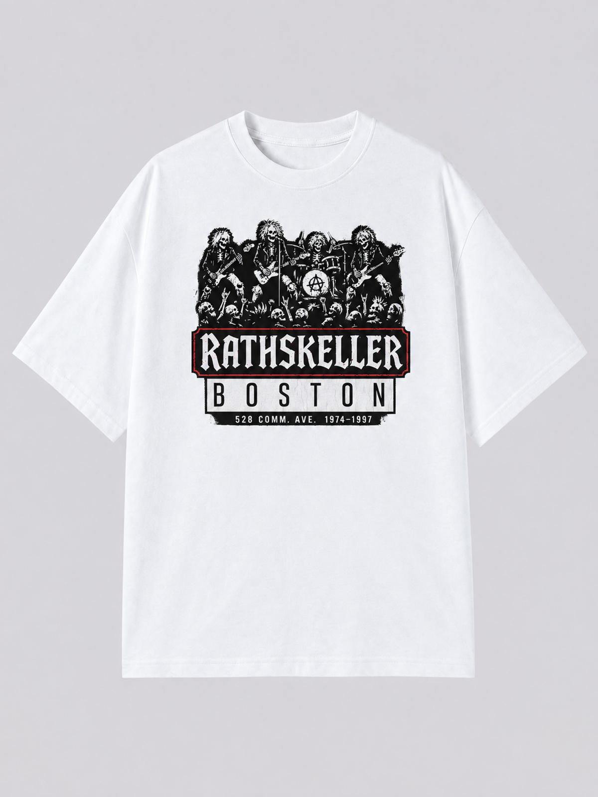 "Rathskeller Boston" graphic tee in white: skeleton punk band gig-poster print on a white tee