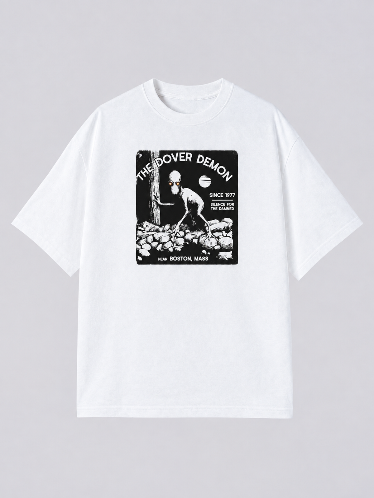 "The Dover Demon Eyes" Graphic Tee — white colorway mockup, same print