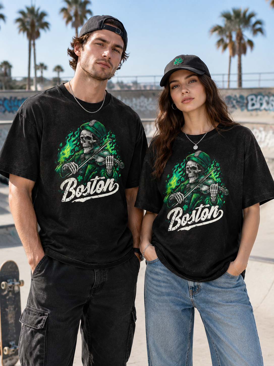 "Boston Fiddle Skull" Graphic Tee