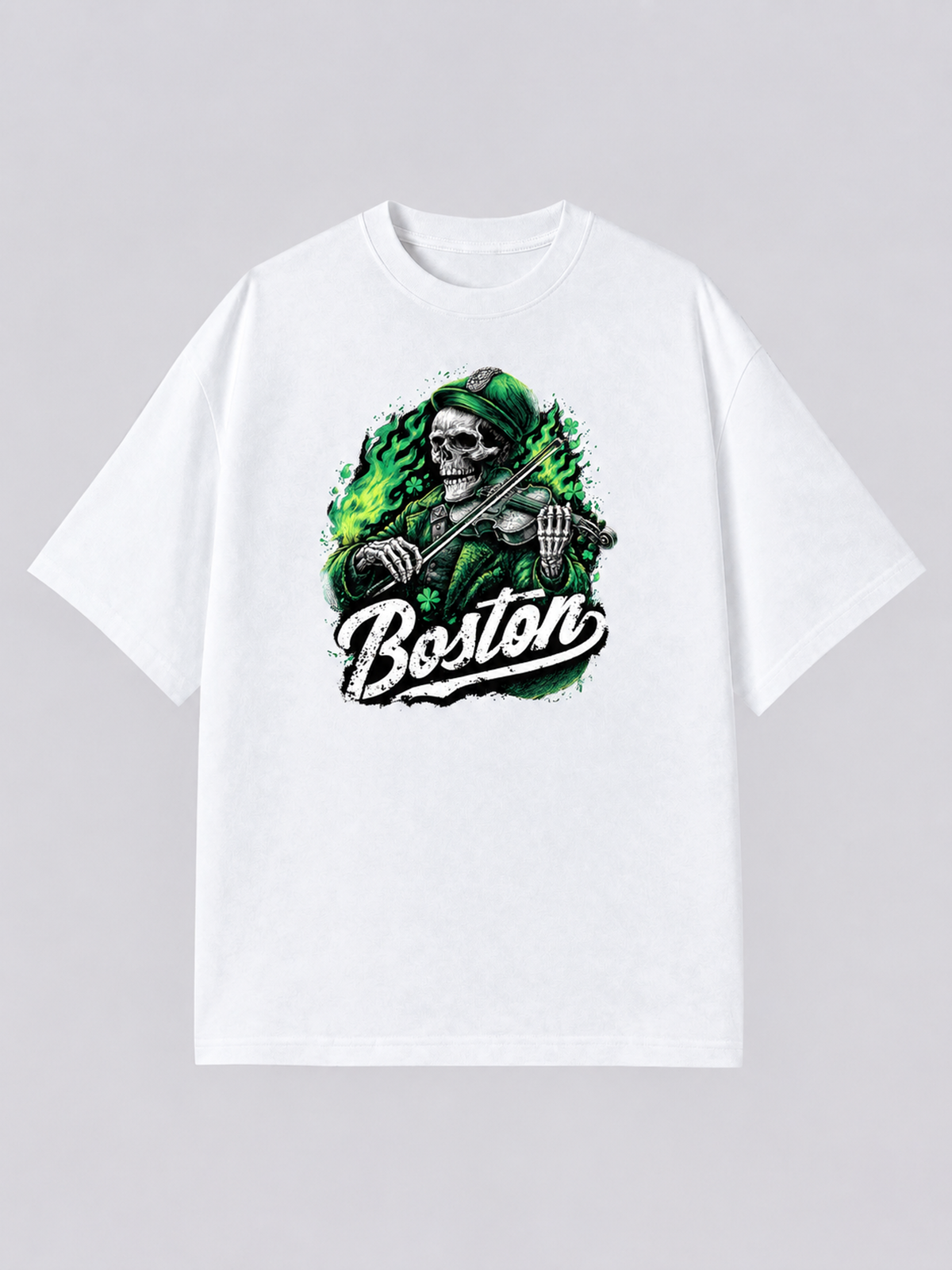 "Boston Fiddle Skull" Graphic Tee — white colorway mockup, same print