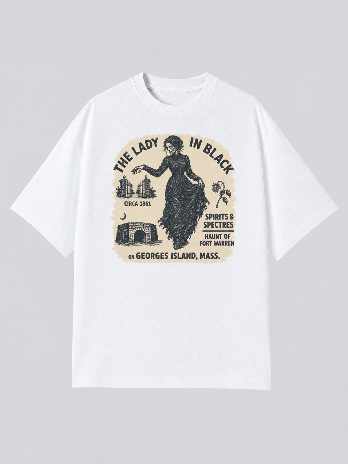 "The Lady In Black Gates" Graphic Tee — white colorway mockup, same print