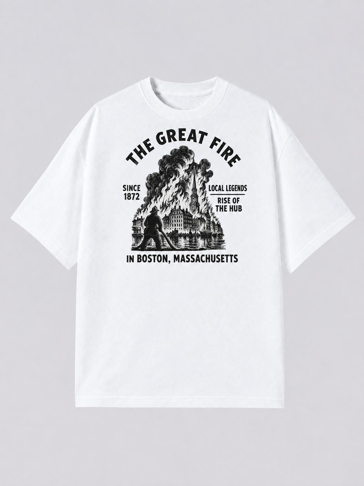 "Resurrection Mary Great Fire" Graphic Tee — white colorway mockup, same print