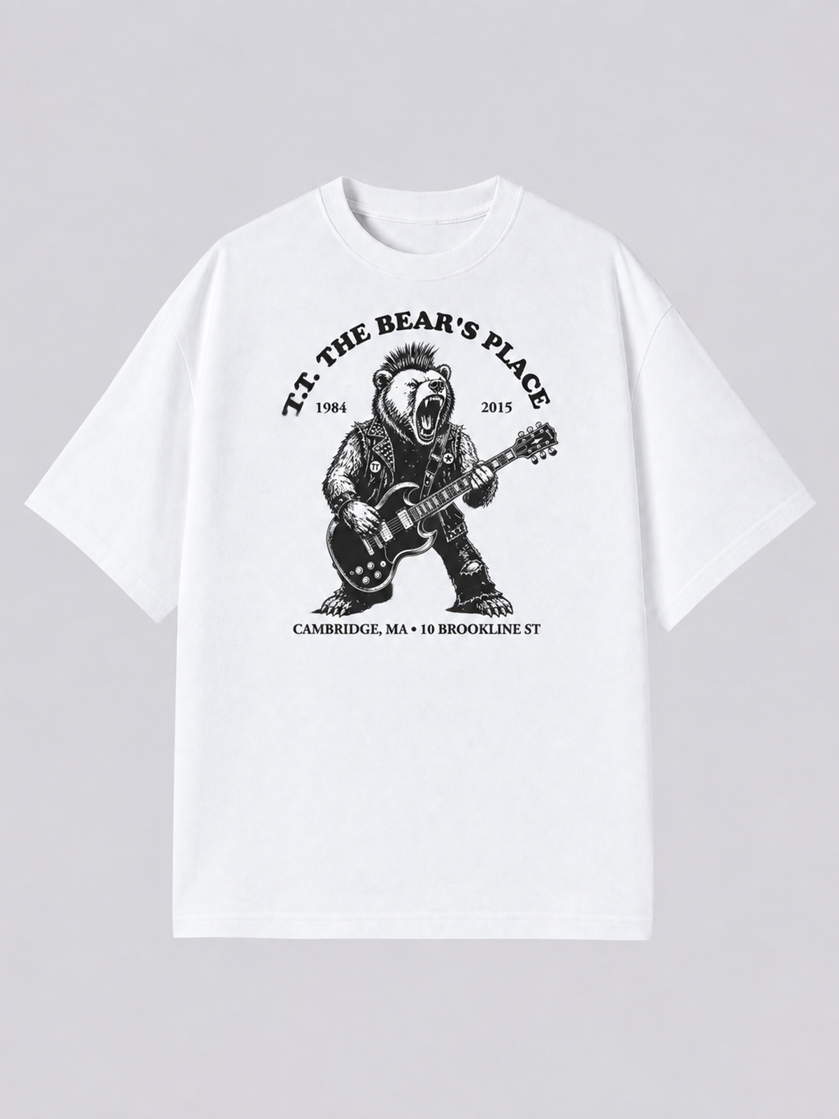 "The Bear's Place Guitar" Graphic Tee — white colorway mockup, same print