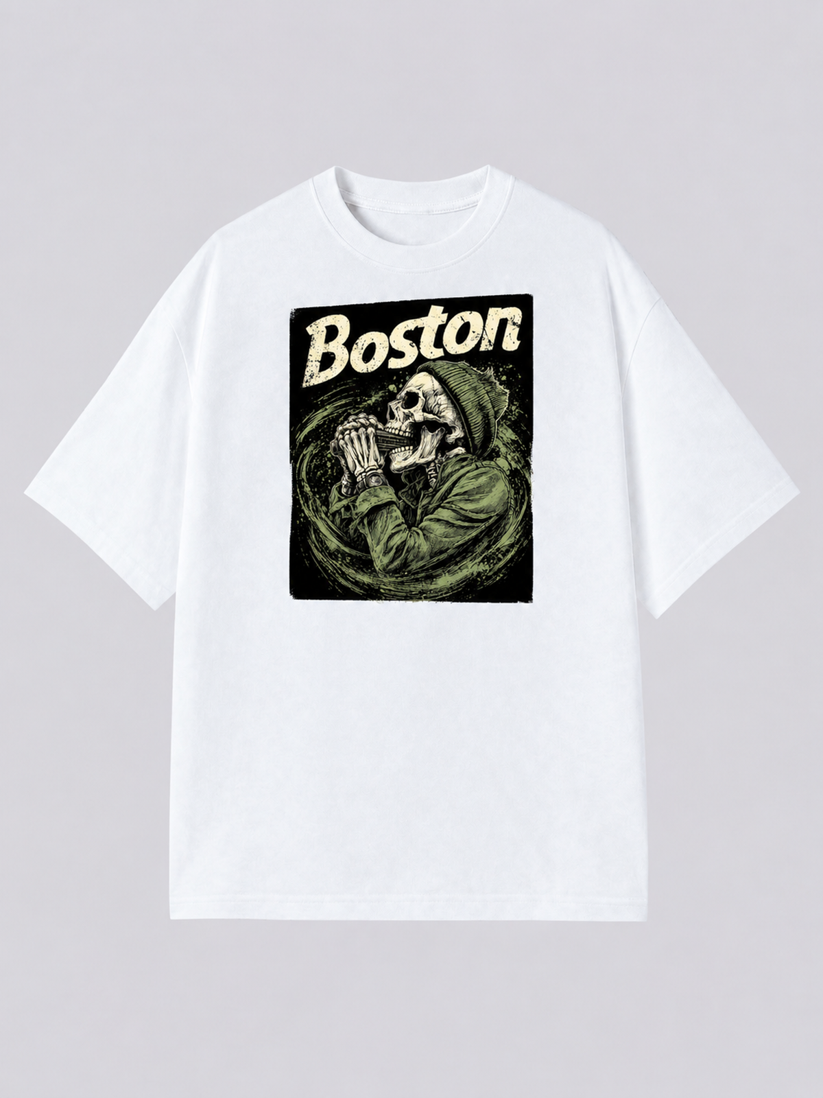 "Boston Harp Reaper" Graphic Tee — white colorway mockup, same print