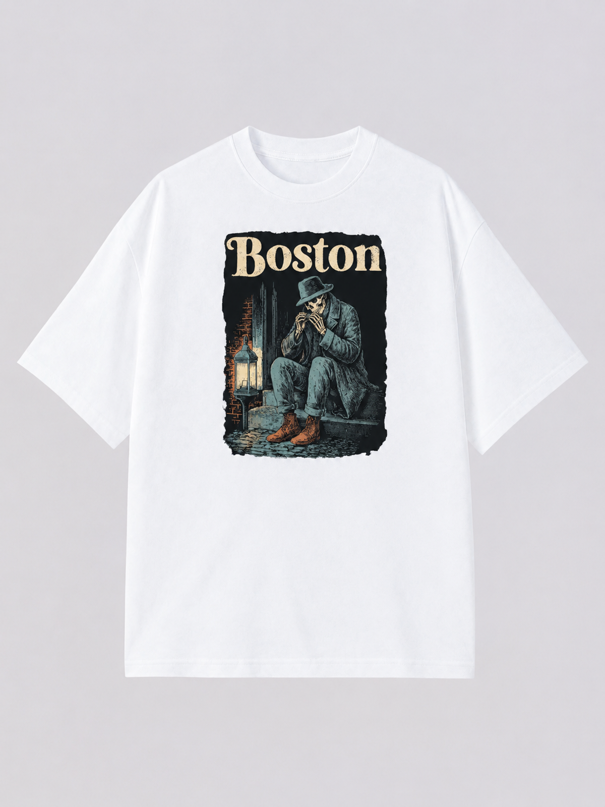 "Beacon Hill Harp" Graphic Tee — white colorway mockup, same print