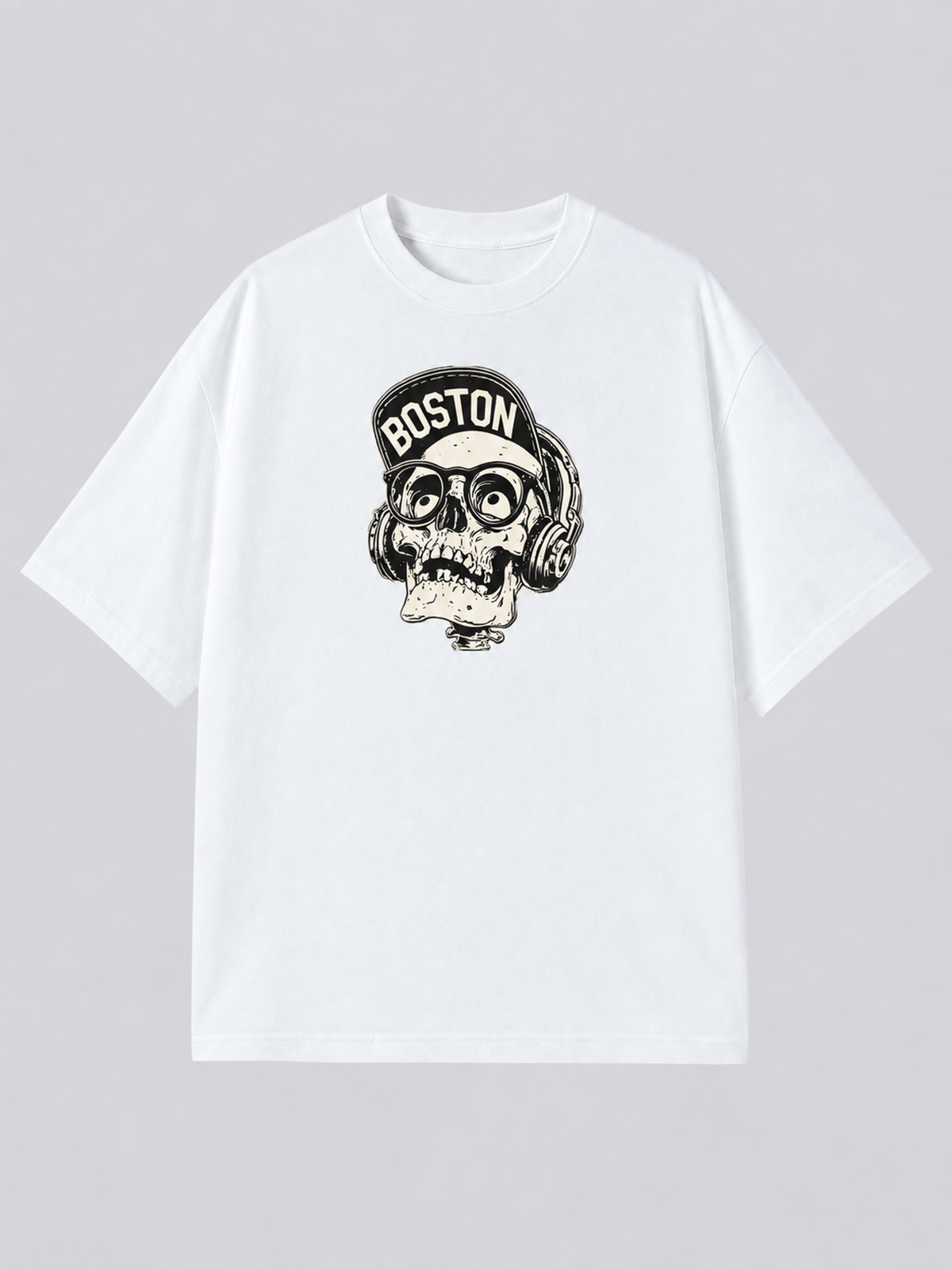"Boston Invert Skull" Graphic Tee — white colorway mockup, same print