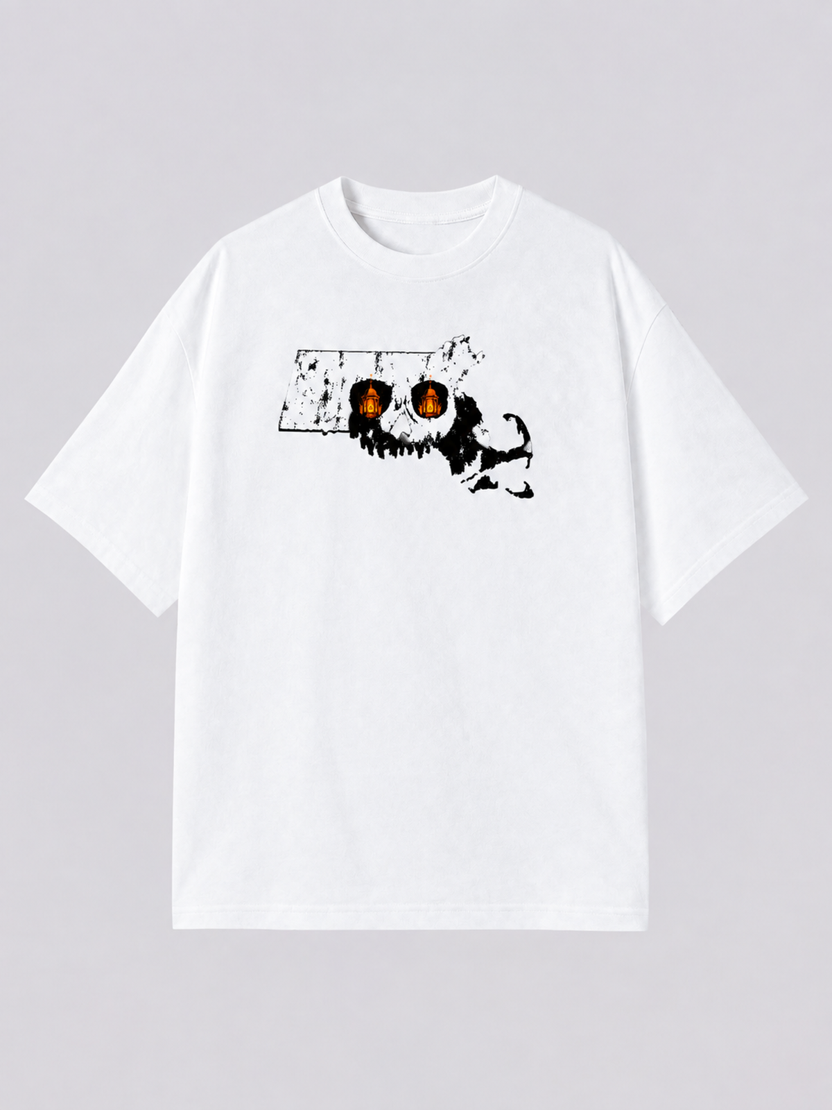 "Skullchusetts Lantern Skull" Graphic Tee — white colorway mockup, same print