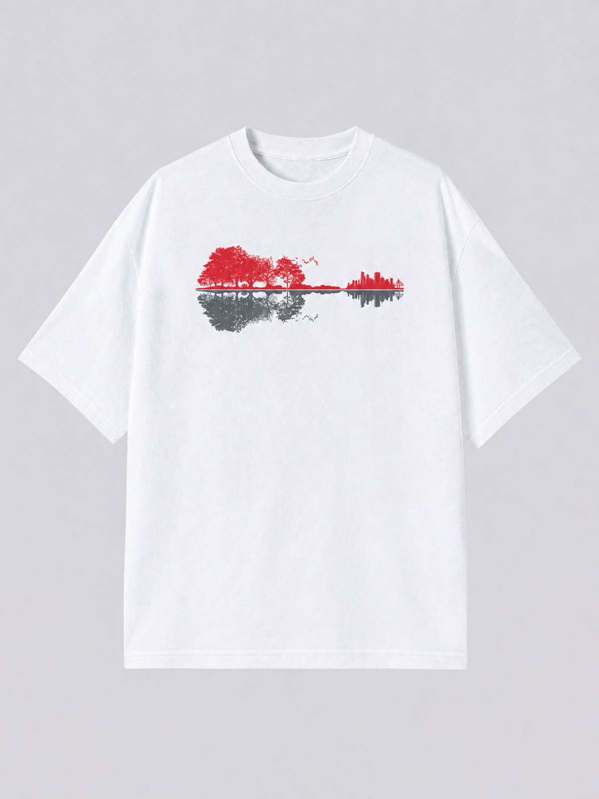 "Lake Moon Sunset" Graphic Tee — white colorway mockup, same print