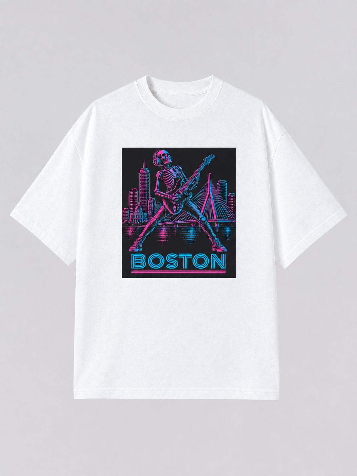 "Boston Neon Guitar" Graphic Tee — white colorway mockup, same print