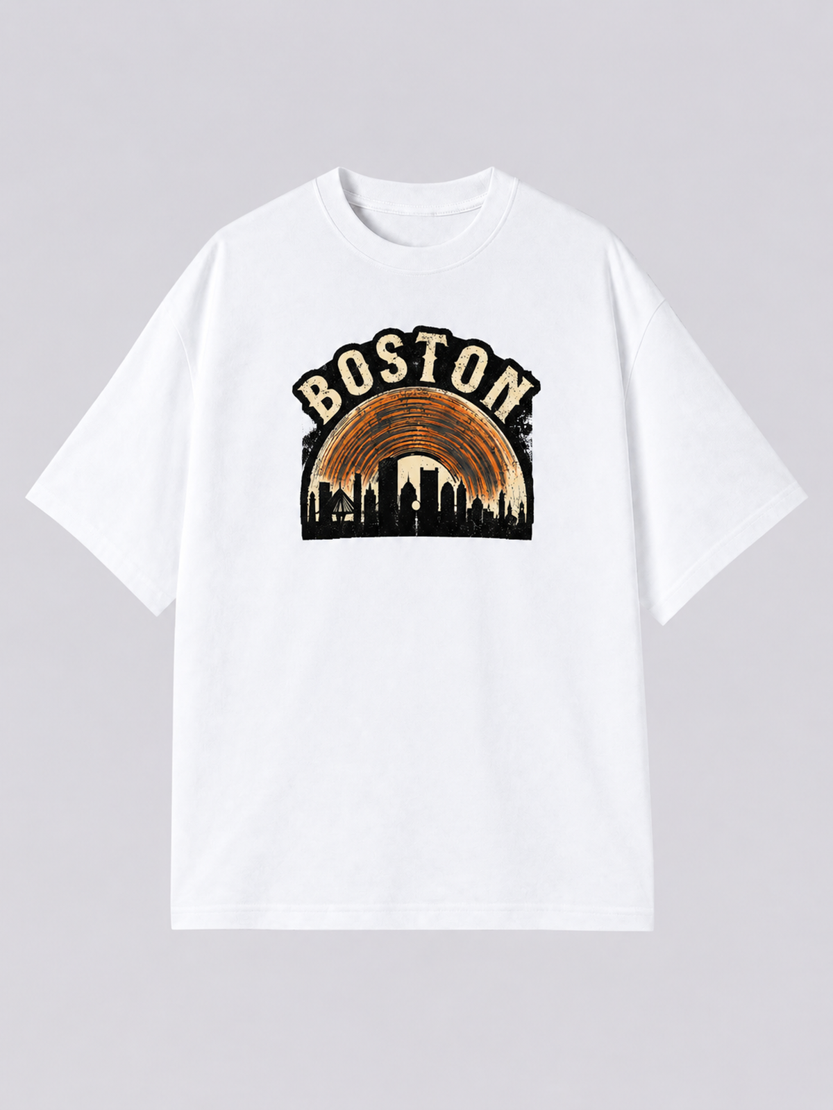 "Boston Orange Vinyl" Graphic Tee — white colorway mockup, same print