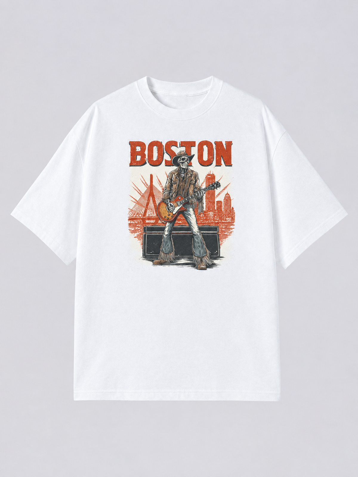 "Boston Concert Skyline" Graphic Tee — white colorway mockup, same print