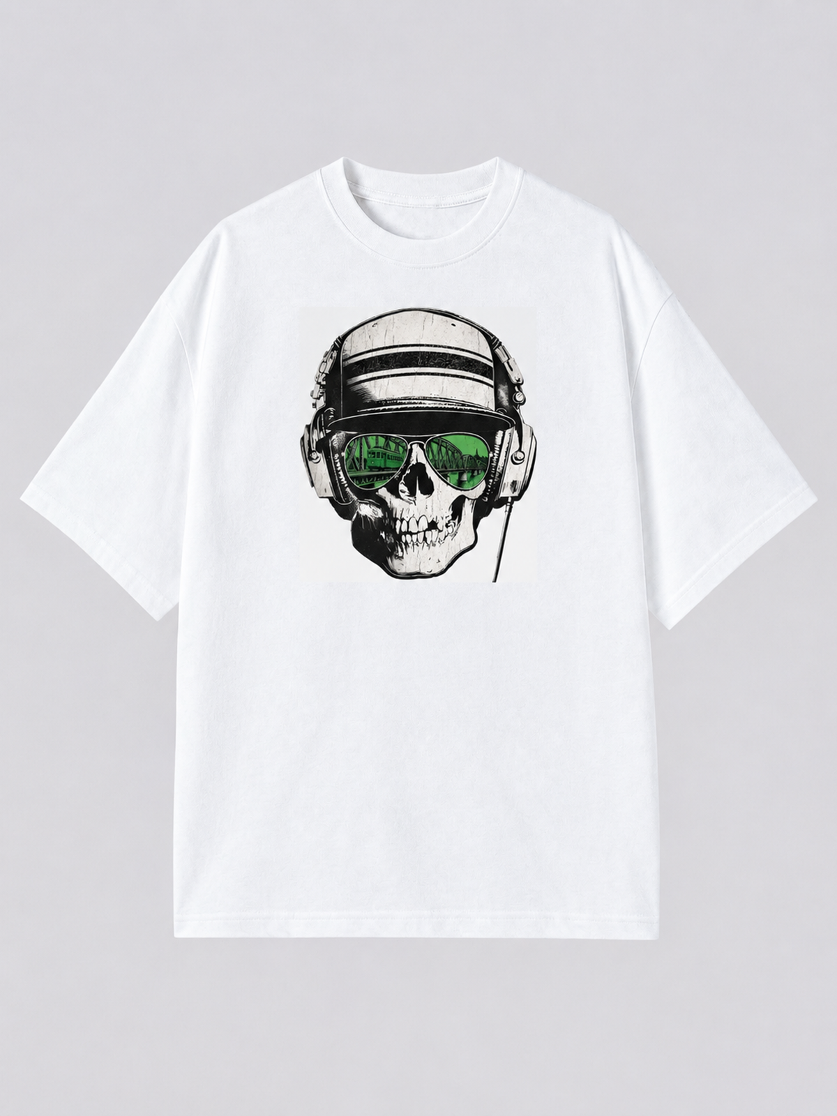 "Boston Smile Trolley Skull" Graphic Tee — white colorway mockup, same print