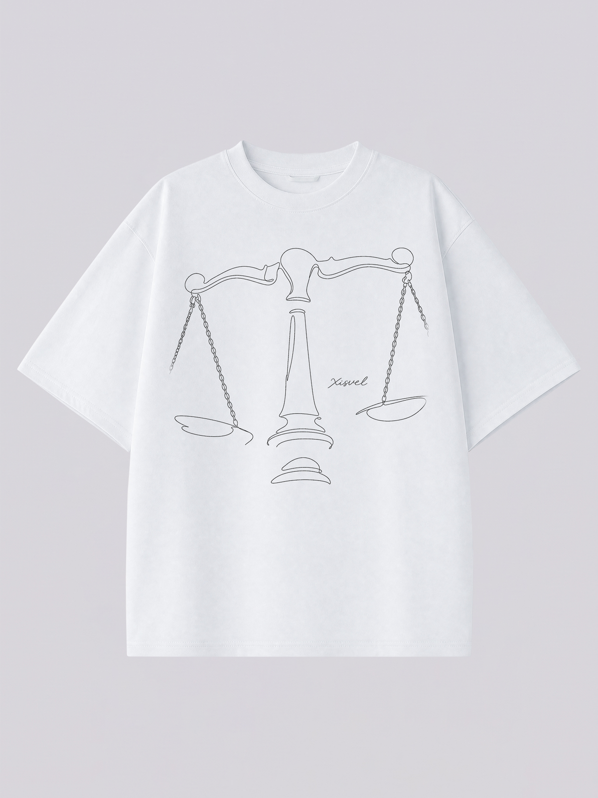 Libra line art graphic tee - one-line balance scale illustration across the chest of a heavyweight white T-shirt