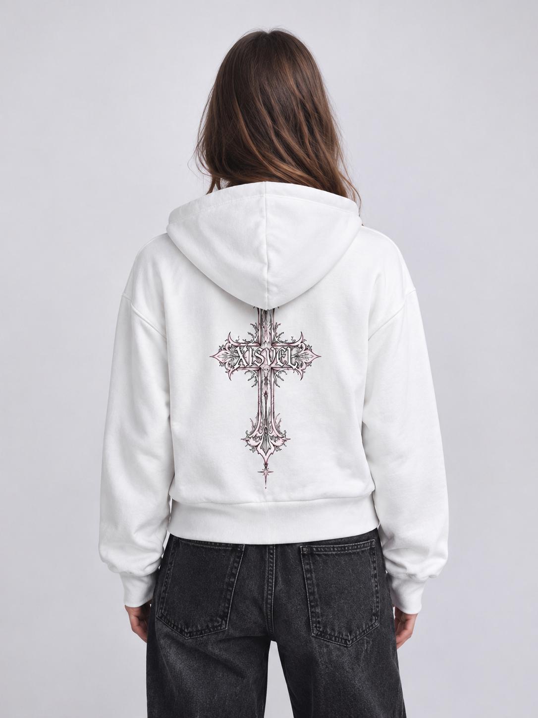 Women Gothic Cross Print Cropped Full-Zip Hoodie