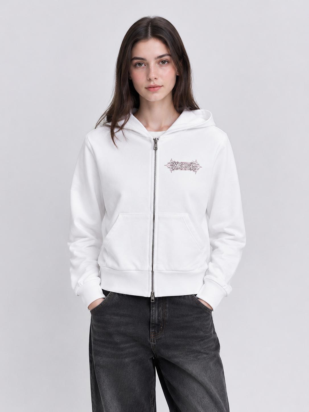 Women Gothic Cross Print Cropped Full-Zip Hoodie
