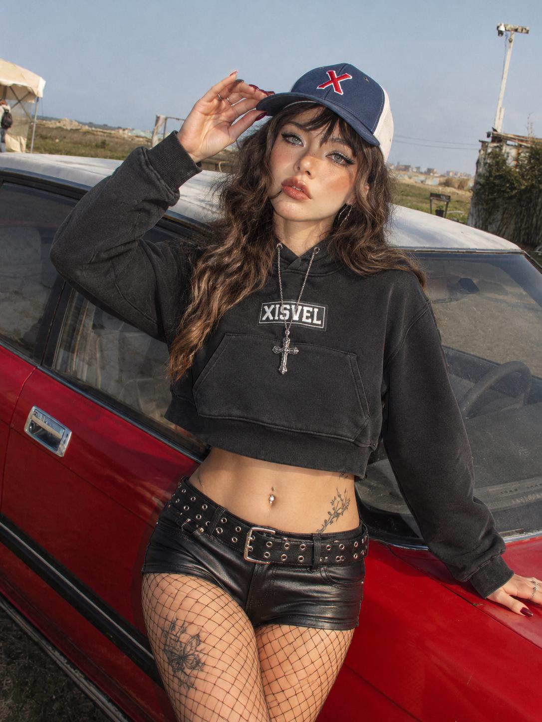 Women Monochrome Box Logo Cropped Pullover Hoodie