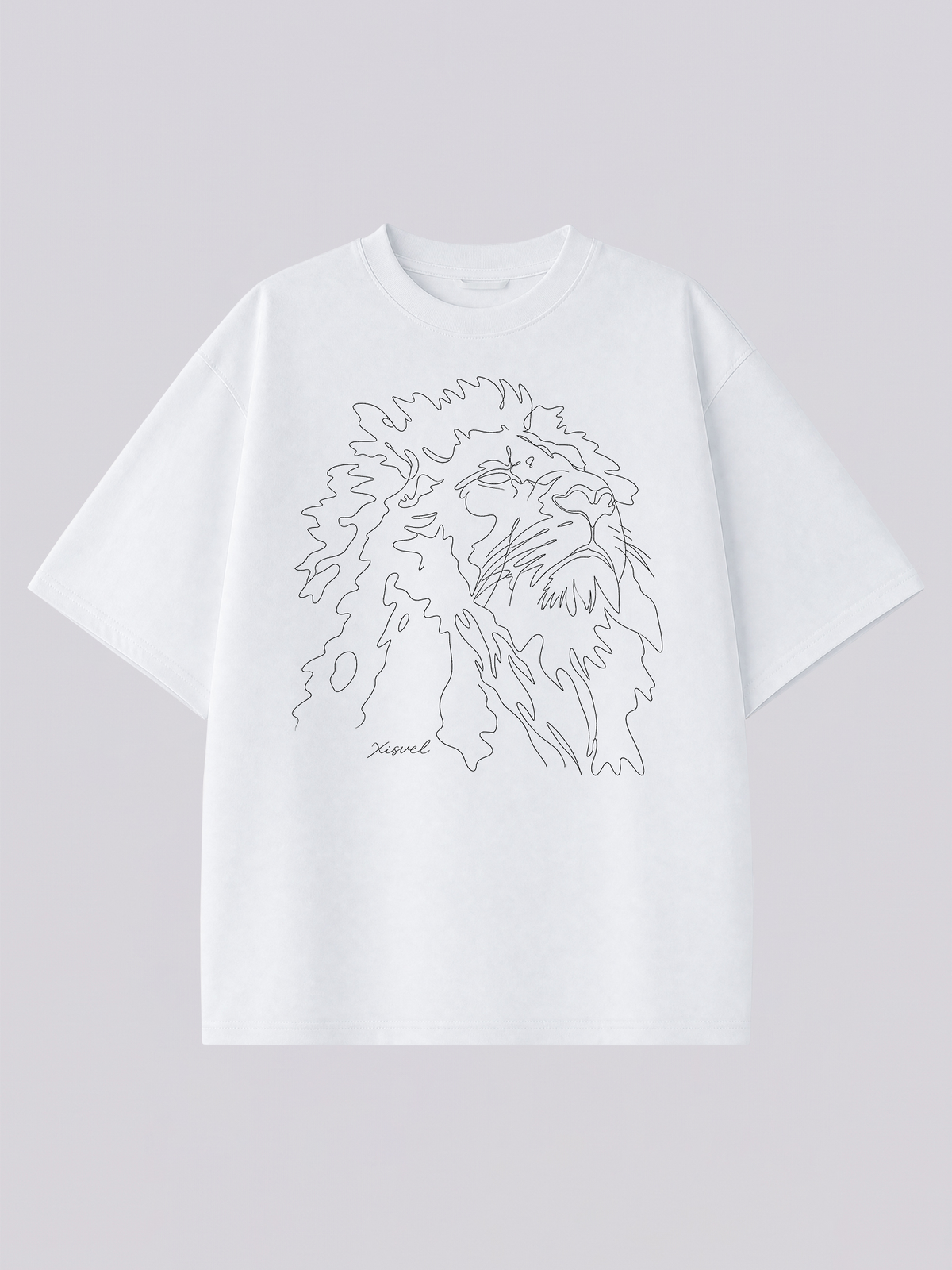 Leo line art graphic tee - one-line lion head illustration across the chest of a heavyweight white T-shirt