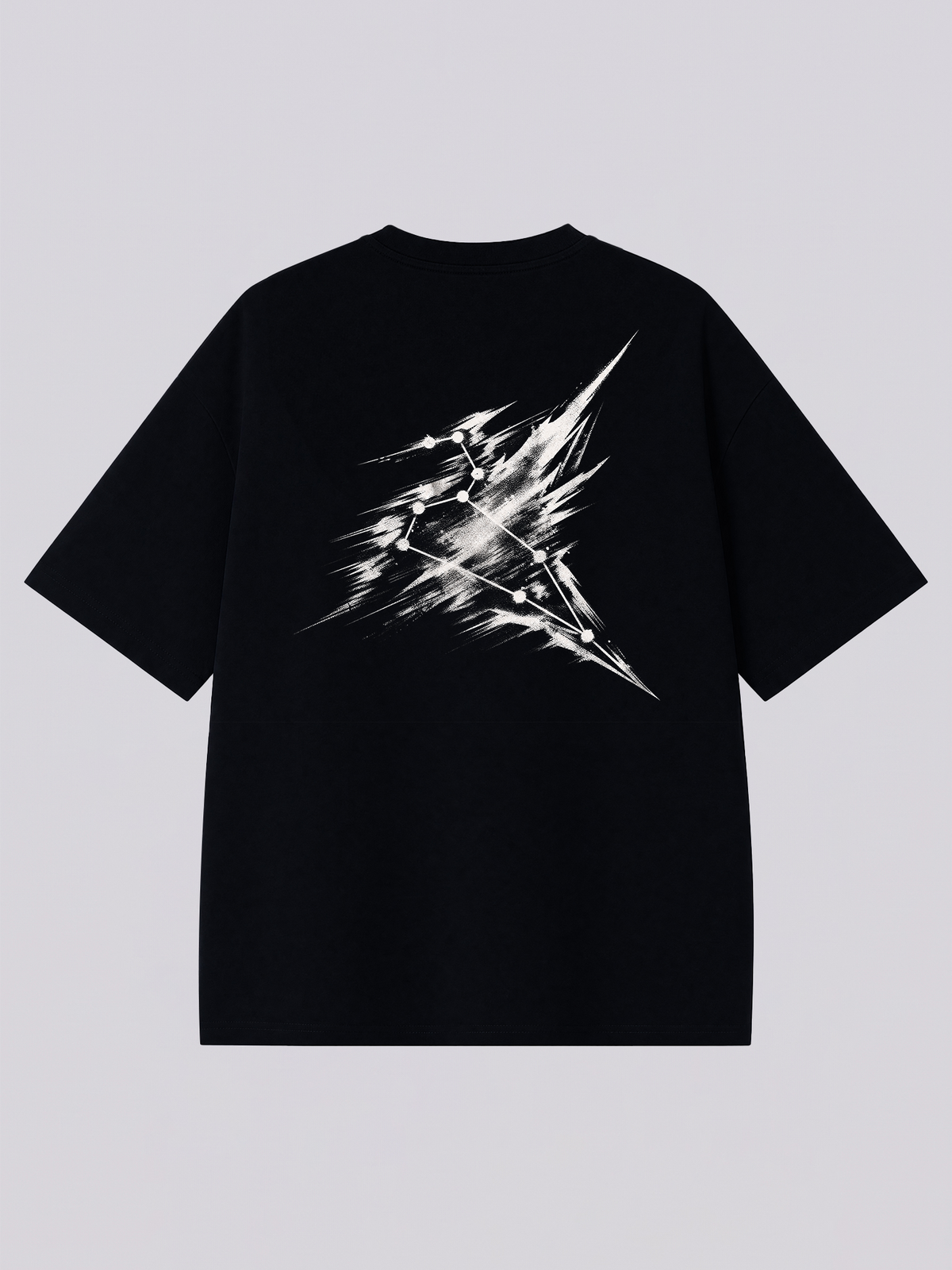 Leo constellation with streaking brush strokes - back print on a black XISVEL graphic tee