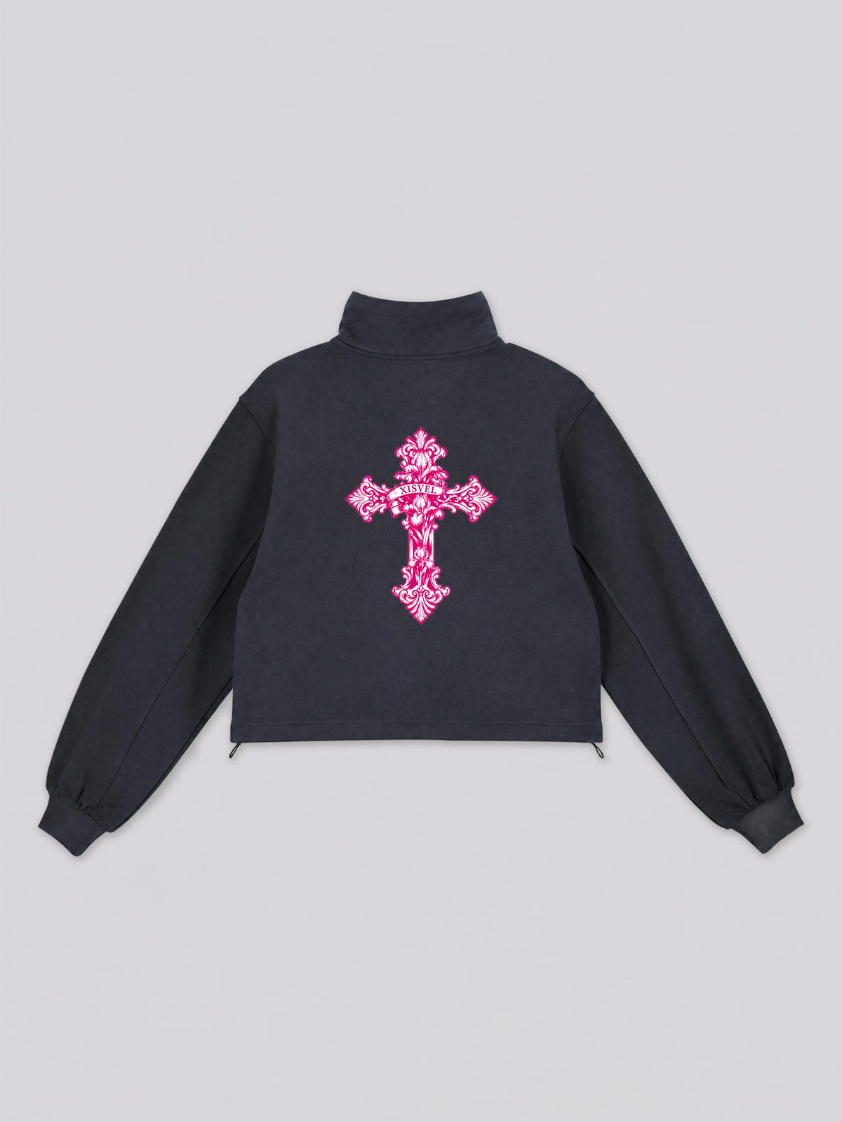 Women Pink Scroll & Cross Print Cropped Half-Zip Sweatshirt