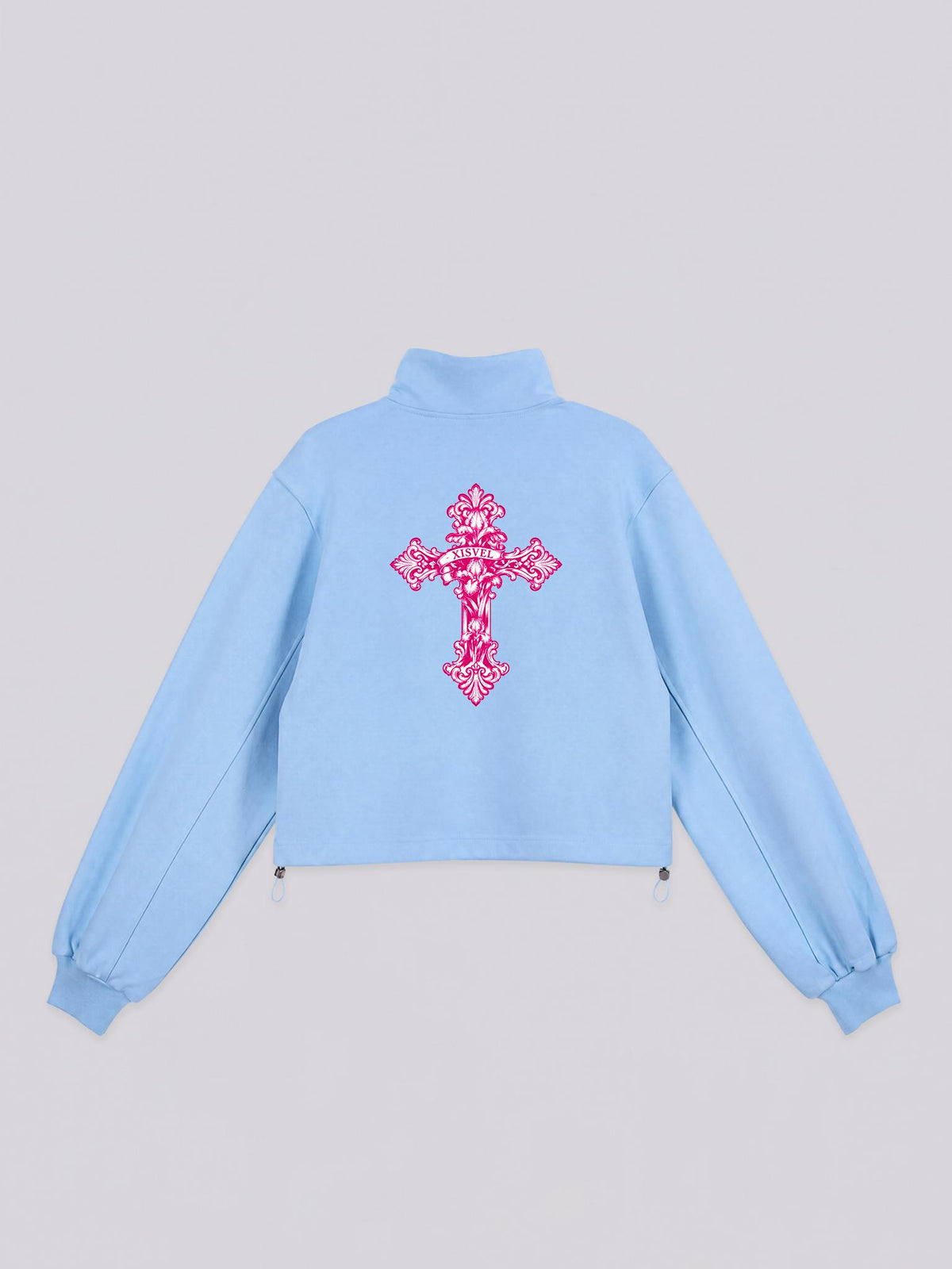 Women Pink Scroll & Cross Print Cropped Half-Zip Sweatshirt