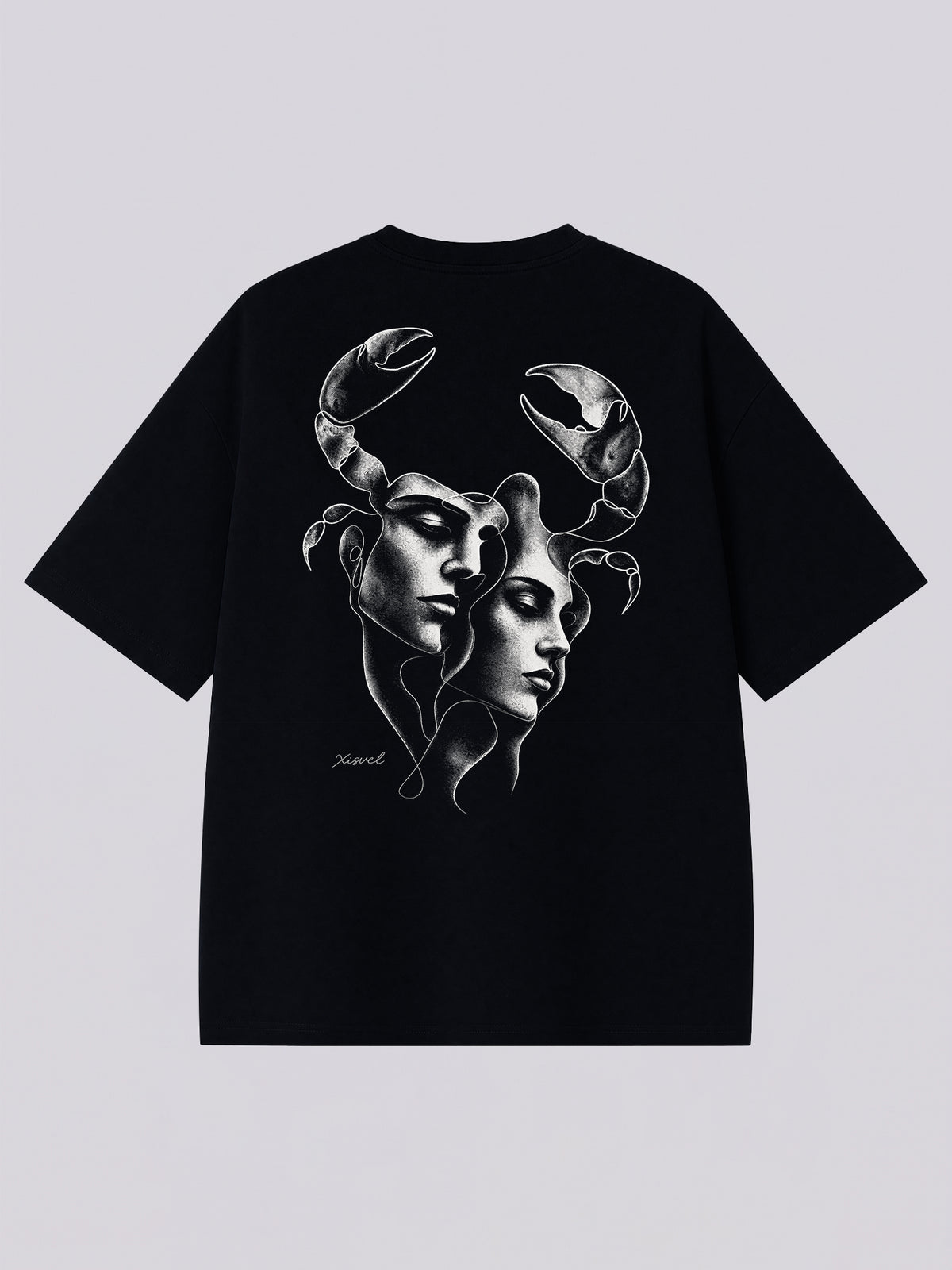 Cancer dark aesthetic graphic tee - back print of twin faces with crab claws in monochrome sketch style