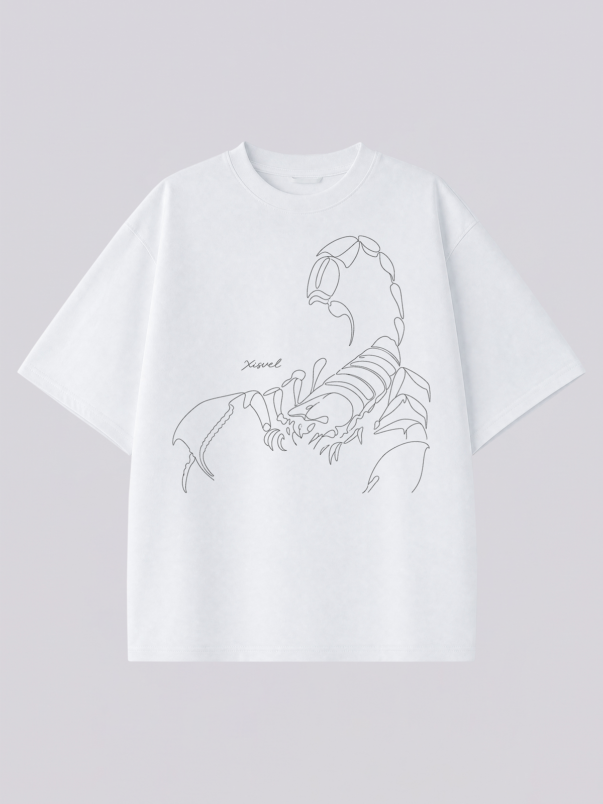 Scorpio line art graphic tee - one-line scorpion illustration across the chest of a heavyweight white T-shirt