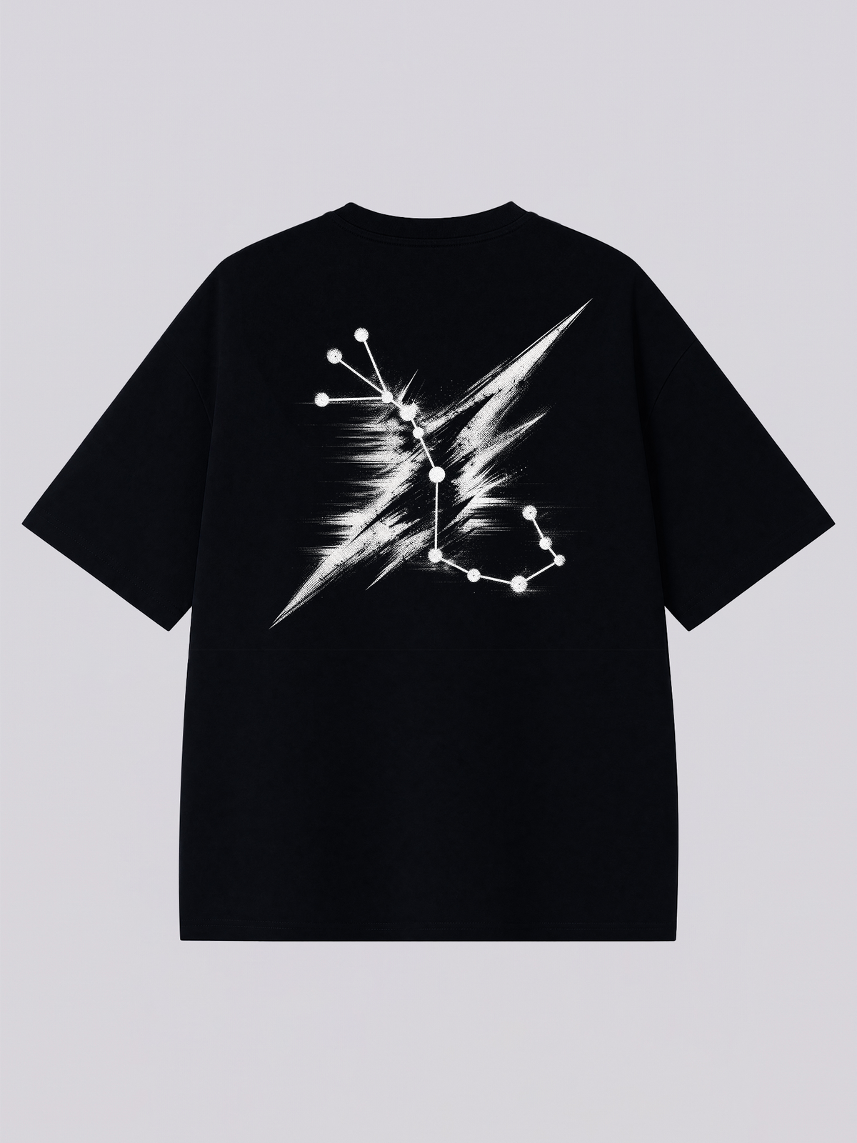 Scorpio constellation with streaking brush strokes - back print on a black XISVEL graphic tee