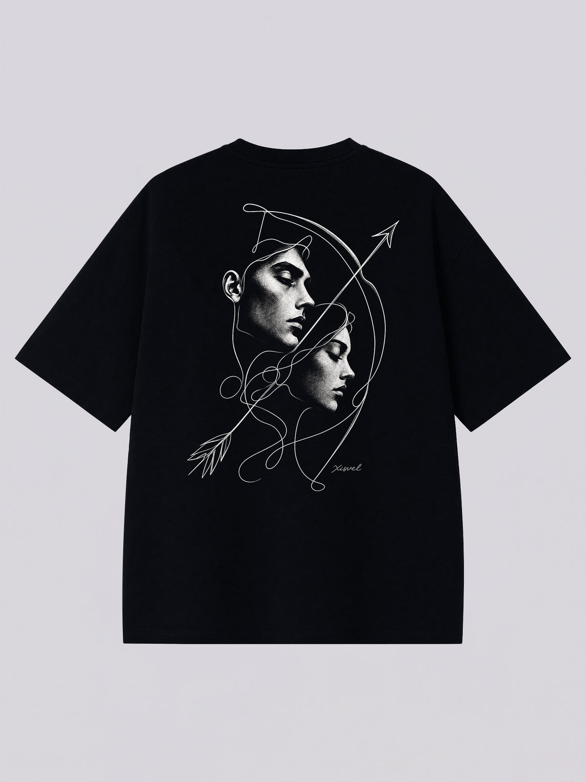 Sagittarius dark aesthetic graphic tee - back print of twin faces with a bow and arrow in monochrome sketch style