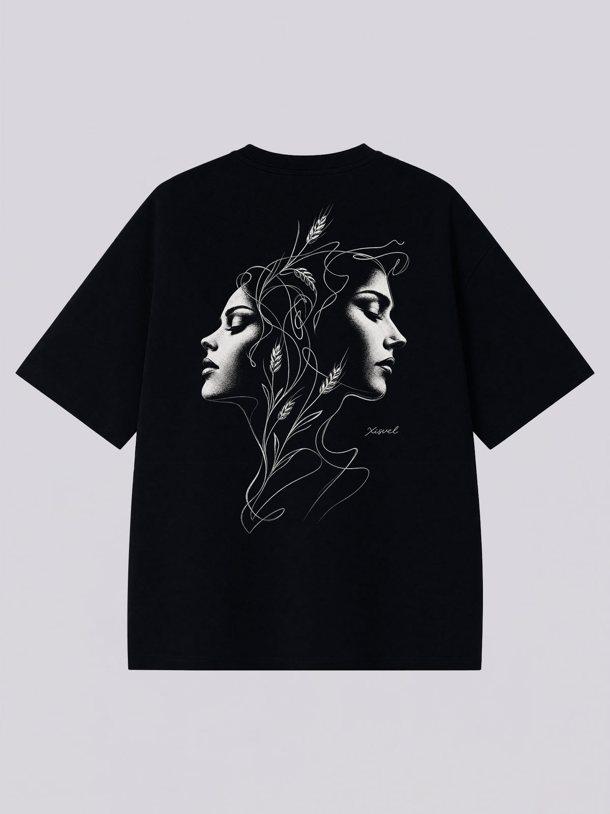 Virgo dark aesthetic graphic tee - back print of twin faces with a wheat sheaf in monochrome sketch style