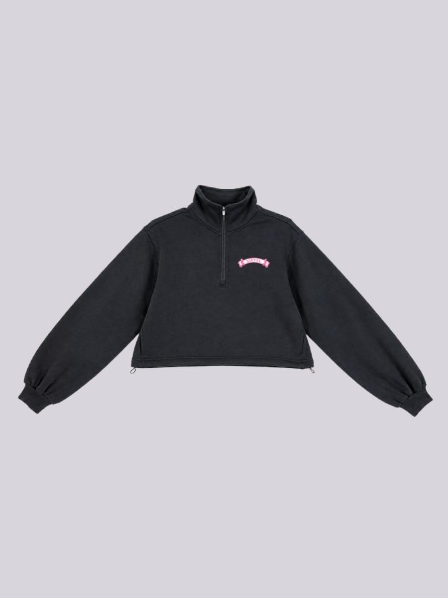 Women Pink Scroll & Cross Print Cropped Half-Zip Sweatshirt