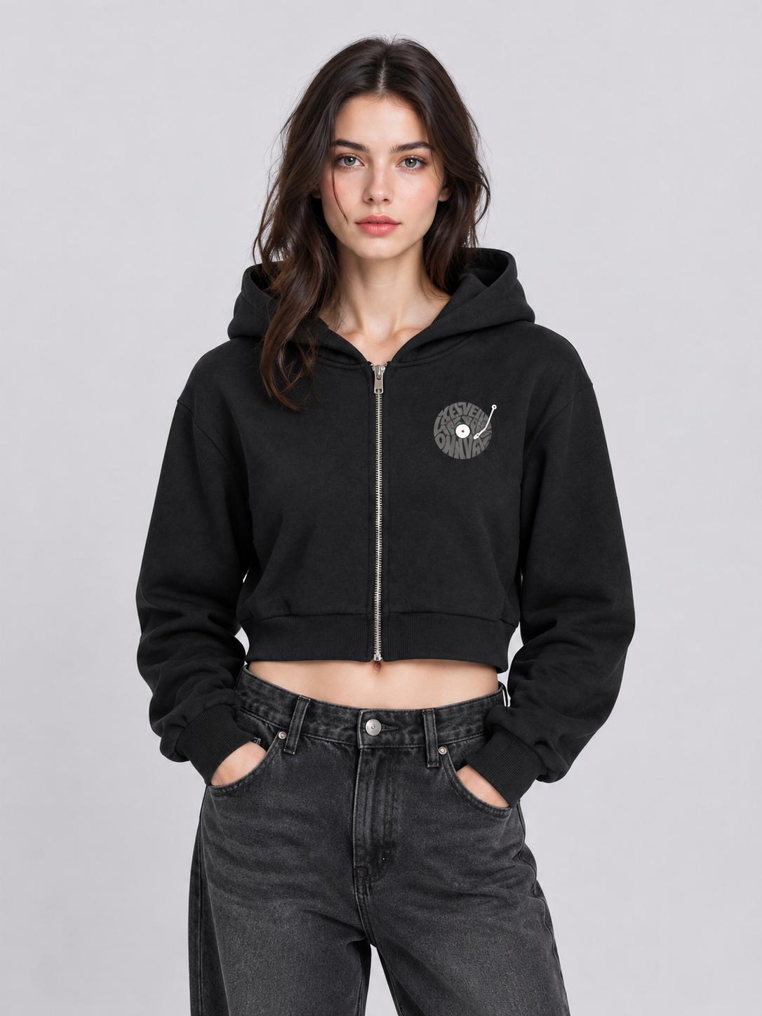 Women's Vinyl Record Graphic Cropped Zip-Up Hoodie