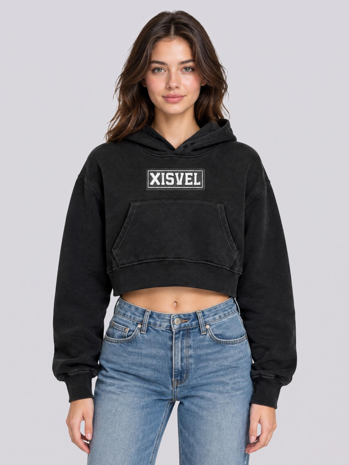 Women Monochrome Box Logo Cropped Pullover Hoodie