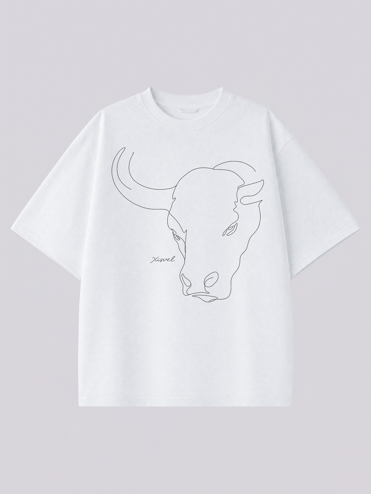 Taurus line art graphic tee - one-line bull head illustration across the chest of a heavyweight white T-shirt