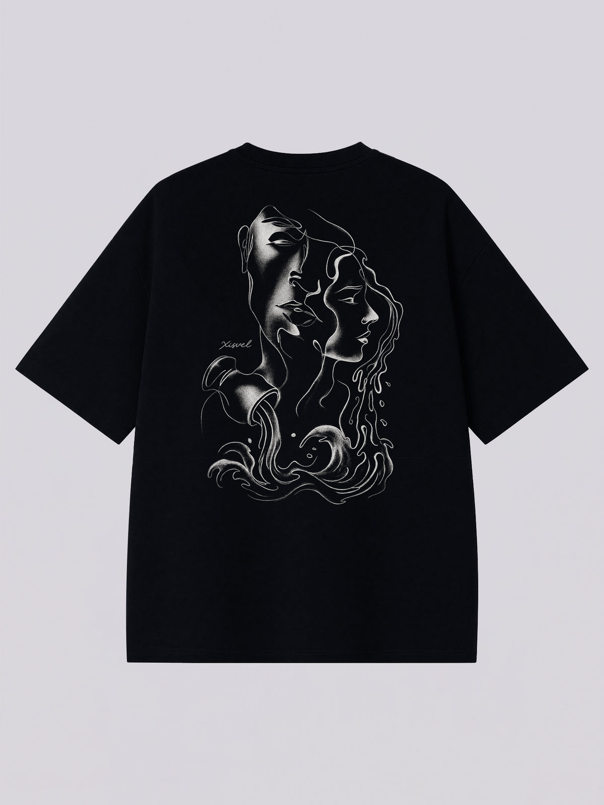 Aquarius dark aesthetic graphic tee - back print of twin faces with a pouring water jug in monochrome sketch style