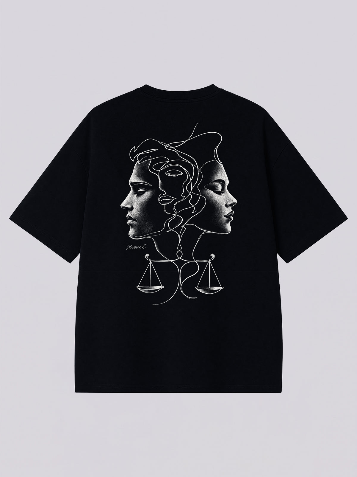 Libra dark aesthetic graphic tee - back print of twin faces with a hanging scale in monochrome sketch style