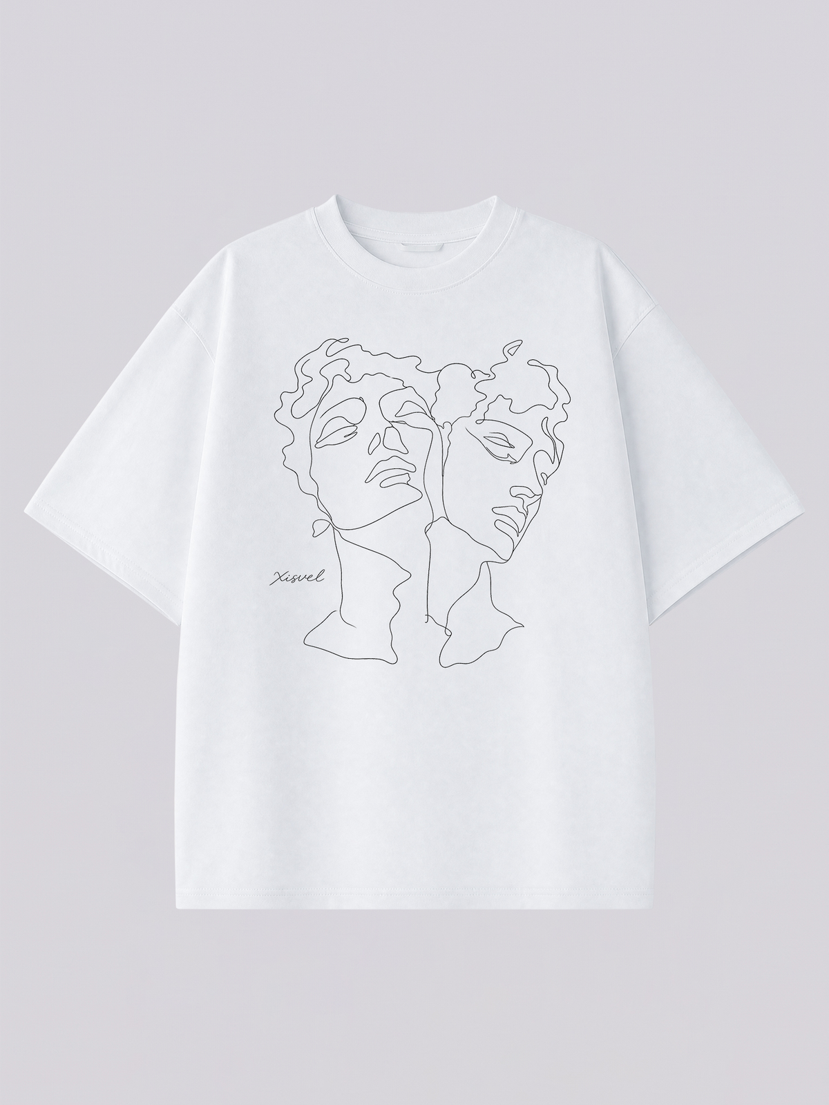 Gemini line art graphic tee - one-line twin faces illustration across the chest of a heavyweight white T-shirt