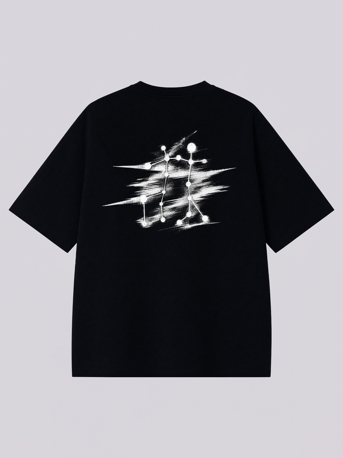 Gemini constellation with streaking brush strokes - back print on a black XISVEL graphic tee