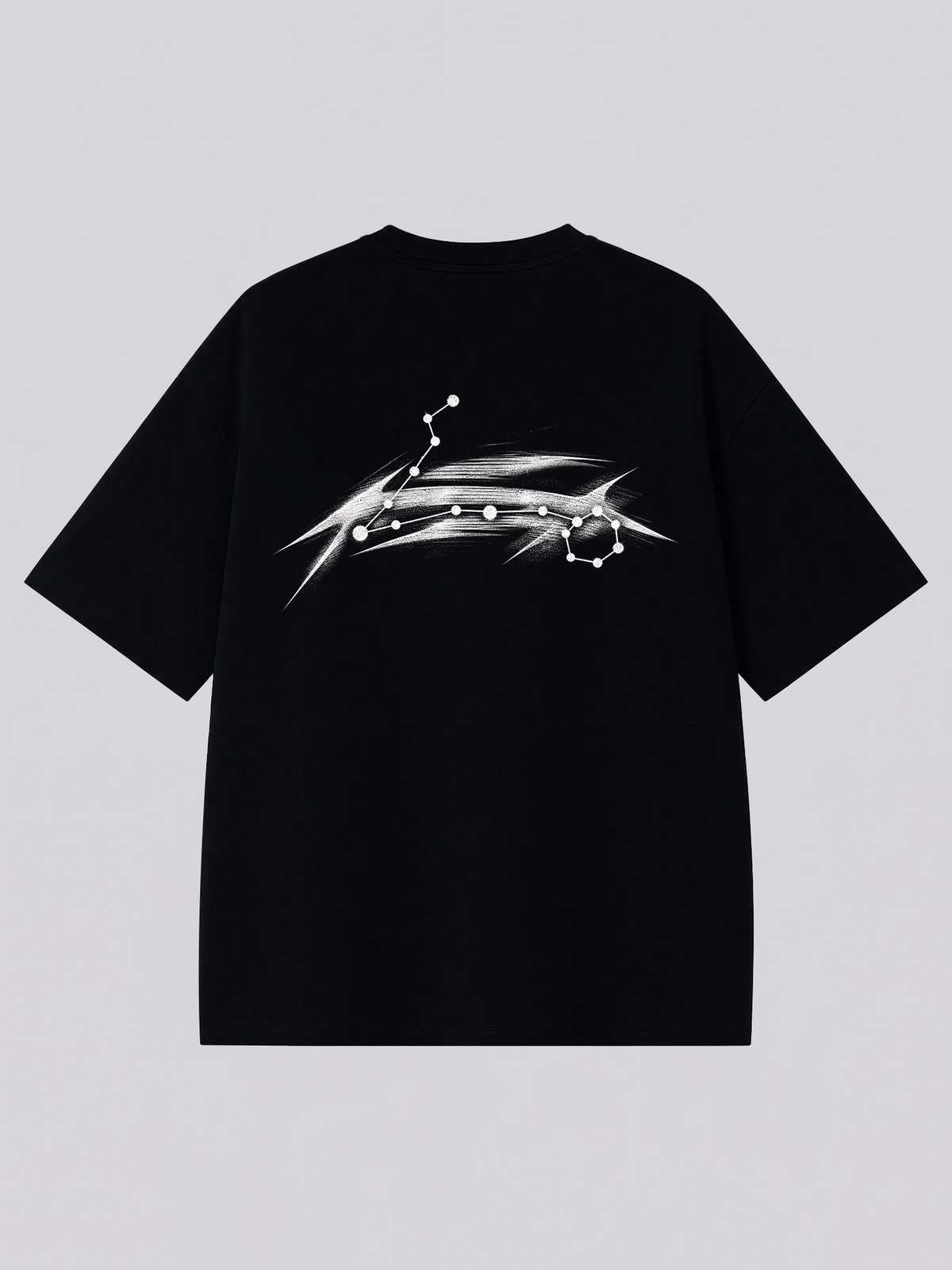 Pisces constellation with streaking brush strokes - back print on a black XISVEL graphic tee