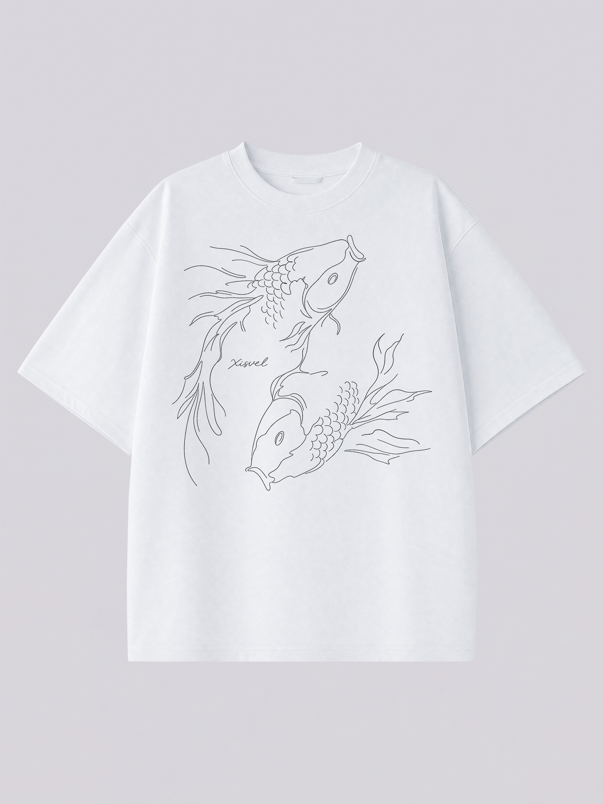 Pisces line art graphic tee - one-line two fish swimming illustration across the chest of a heavyweight white T-shirt