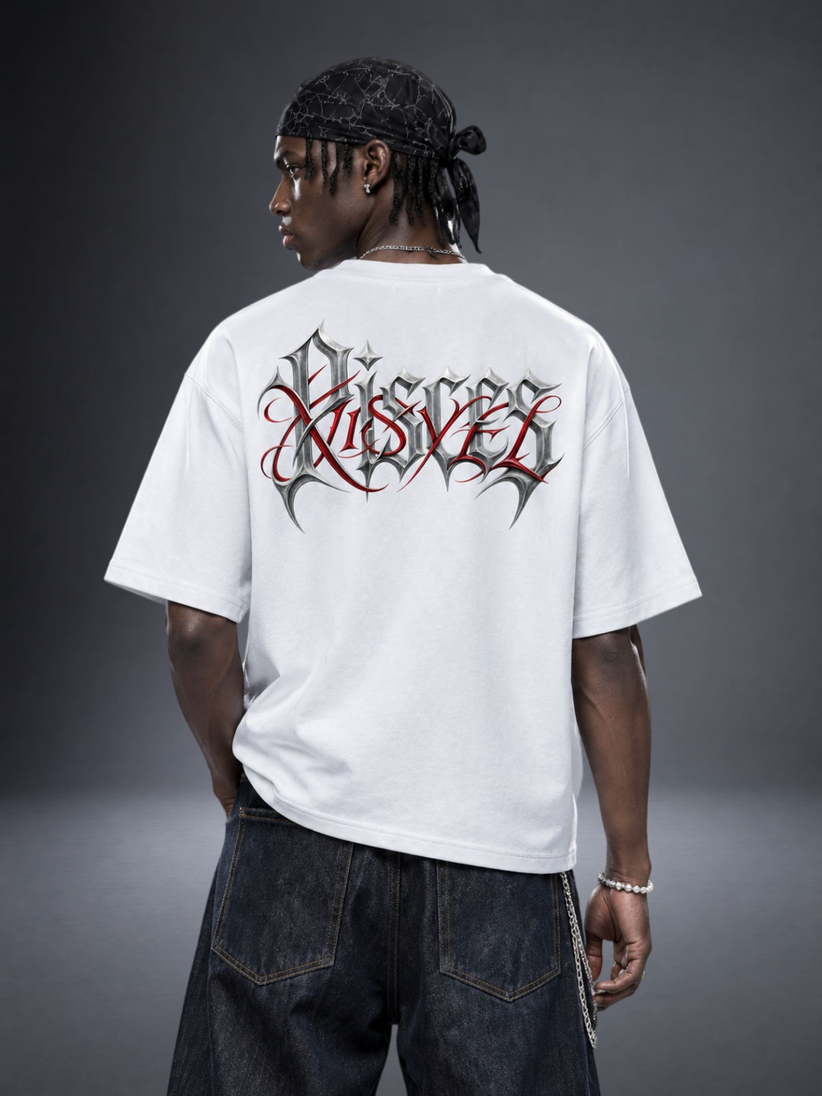 Pisces zodiac white graphic tee - gothic 'Pisces' lettering with red XISVEL script across the back